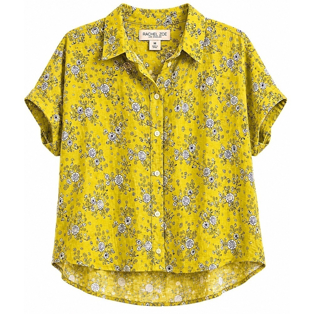 Rachel Zoe 100% Linen Floral Blouse Small Yellow Oversized Button Front